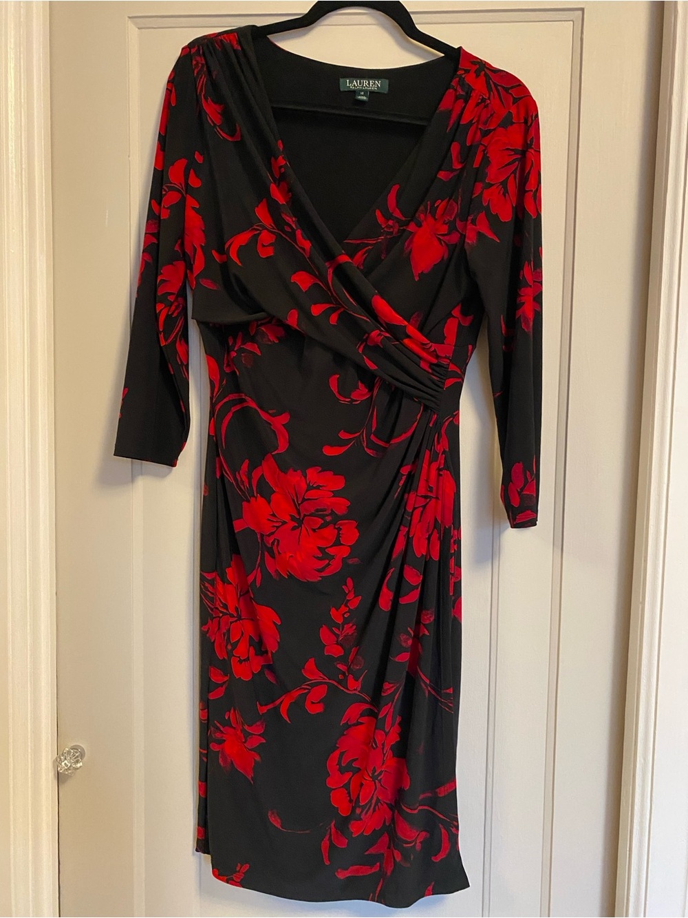 Lauren Ralph Lauren Black & Red Floral Faux-Wrap Dress Size 12 Slimming Formal